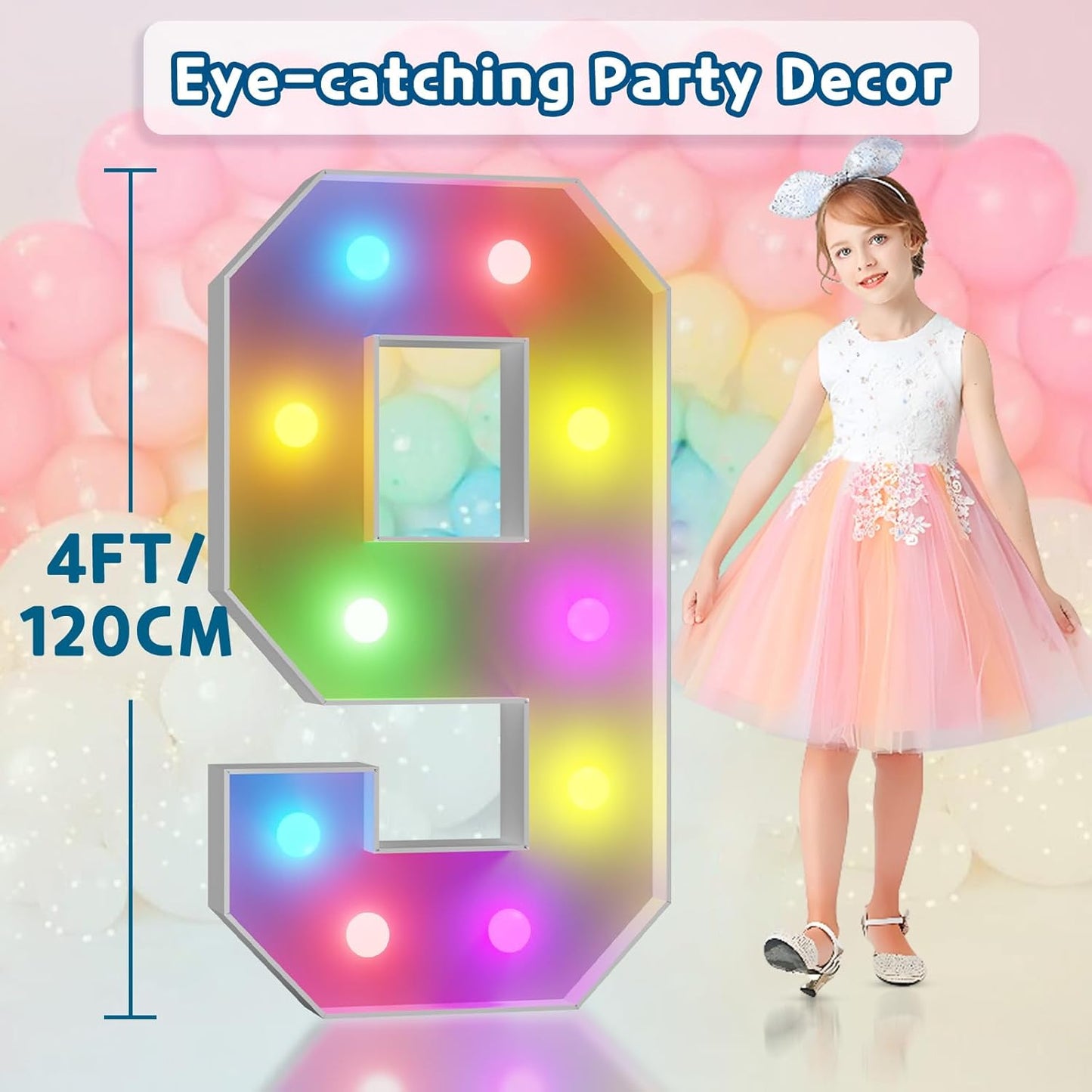 imprsv 4FT Colorful Marquee Numbers,18 Colors Number 9 with Remote, Light Up Sign for 8th Birthday Decorations Anniversary Party Decor, Pre-Cut Foam Board Kit, Mosaic Sign for Balloon