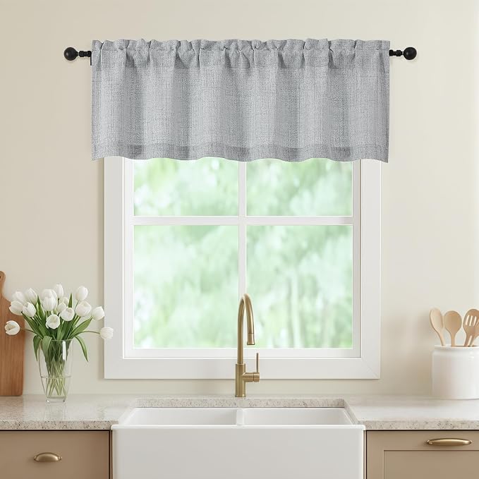 Grey Valances for Windows, Light Filtering Faux Linen Textured Small Short by WelvetBLK