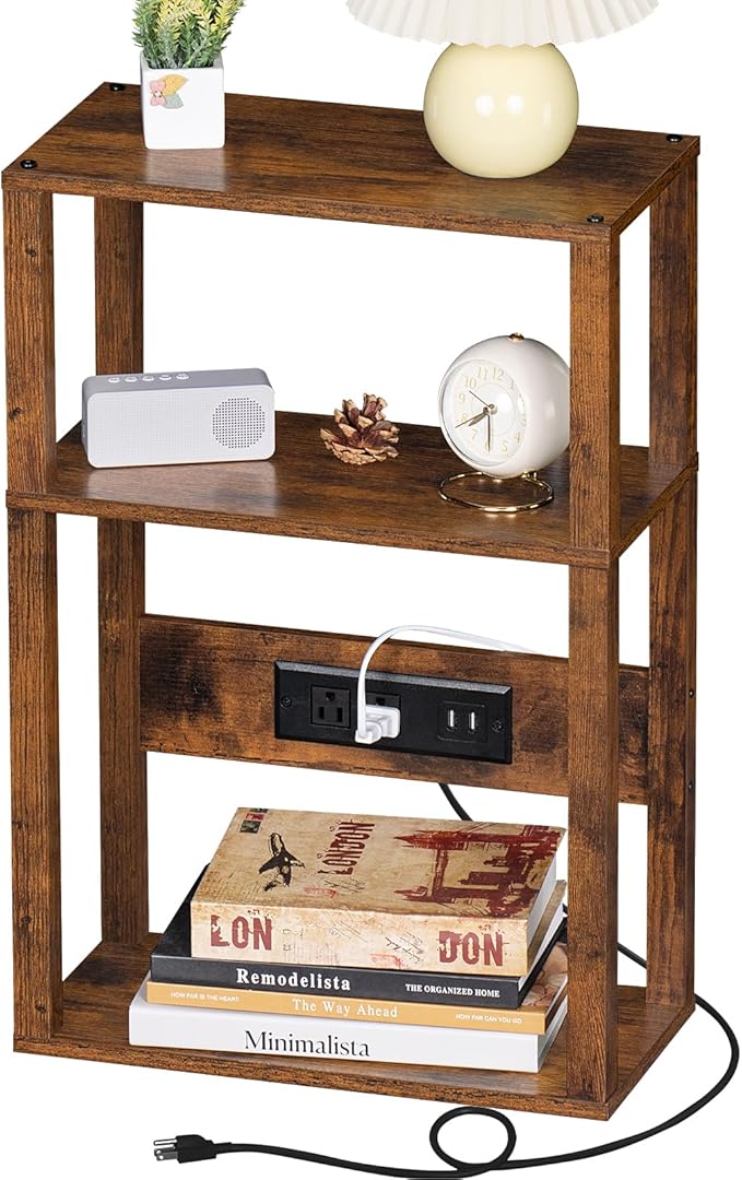 3-Tier Small Narrow Wood Side Table Set of 2 with Charging Station - Skinny Nightstand for Small Spaces, Slim Bedside Table with USB Ports and Outlets - Thin End Table with Storage, Brown
