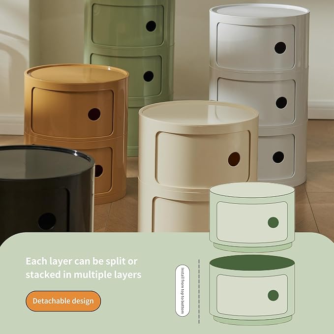 Round Nightstand with 3 Drawers, Modern Style Side Table, Multifunctional End Table Storage Cabinet for Living Room, Bedroom, Bathroom (Beige)
