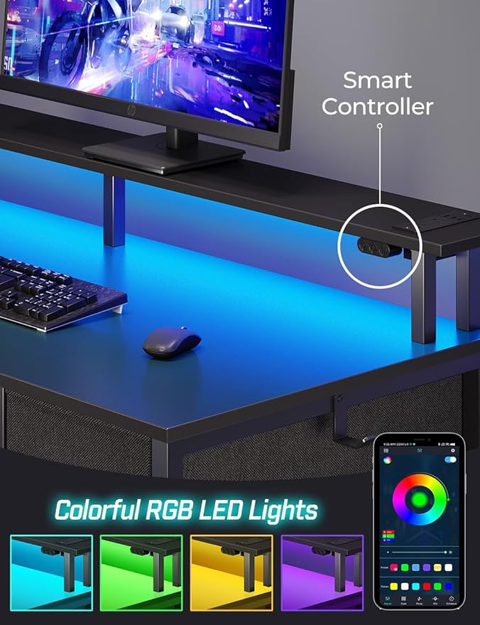 Seventable Computer Desk with Power Outlets & LED Light, 55 inch Home Office Desk with 5 Drawers, Writing Desk with Monitor Stand, Work Desk for Home Office, Black
