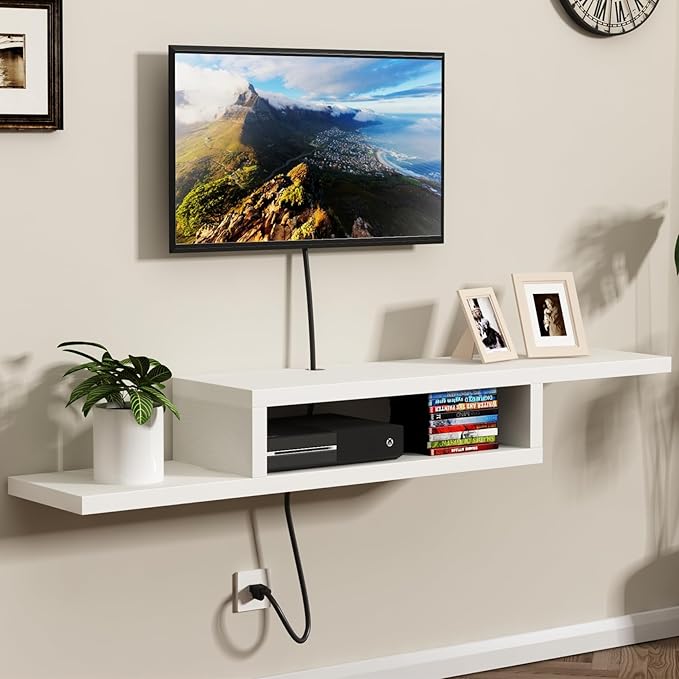 ChooChoo Wall Mounted TV Stand, Media Console Stand, 60” TV Storage Shelf, Floating TV Stand Entertainment Shelf for Living Room, Bedroom, White