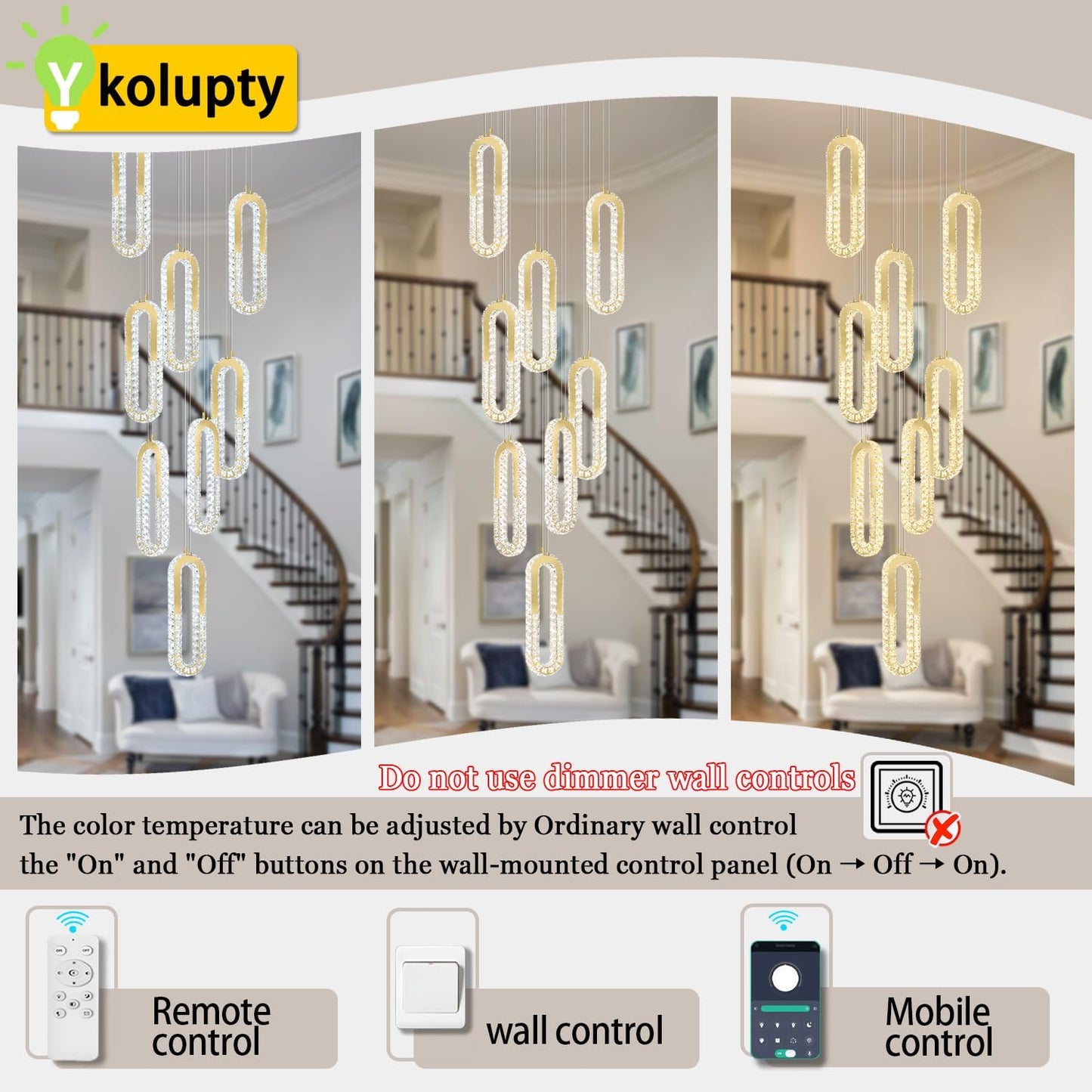 8 Rings Crystal Chandelier,H118 Modern Gold Pendant Light Luxury Foyer Lighting Fixture High Ceiling Chandelier for Entryway,Staircase,Living Room,Villa LED Dimmable 2700K-6000K