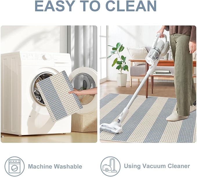 OJIA Front Door Mats Outdoor 24"x36" Machine Washable Indoor Outdoor Rugs Doormat Cotton Woven Entry Rug Striped Small Area Rugs for Front Porch/Bathroom/Farmhouse/Home Entrance (Blue/White/Tan)