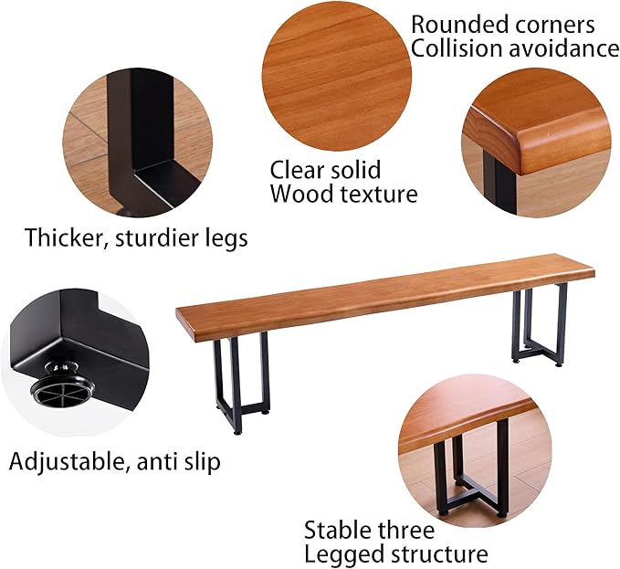 Durable Solid Wood Top Bench with Metal Triangular Legs – Stylish Long Dining Bench for Home, Office, Restaurant & Patio (Wooden Brown Bench, 55.12in)