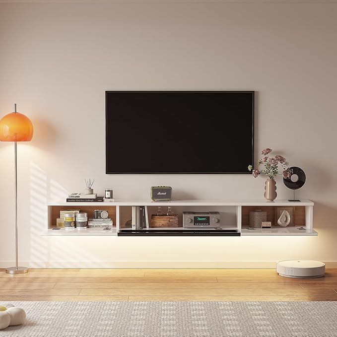 High Gloss Floating TV Stand,78'' Wall Mounted TV Console,Under TV Floating Shelf,Floating TV Cabinet with 3 Doors for Bedroom Living Room,White