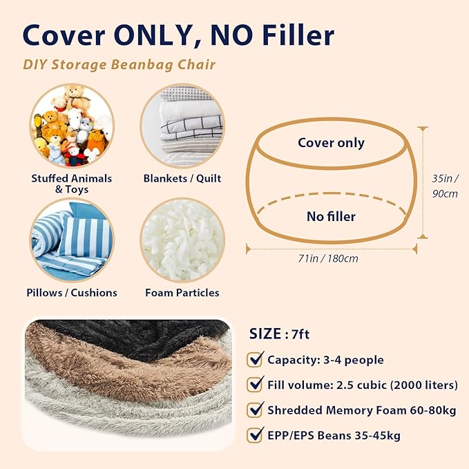 Bean Bag Chair Cover(No Filler) Soft Faux Fur Stuffed Animal Bean Bag Storage, Fluffy Plush Bean Bag Chair Cover Washable, Comfy Bean Bag Chairs for Adults, 7FT, Dark Grey
