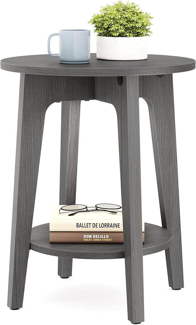 VASAGLE Side Table, Small Round End Table with Lower Shelf, Nightstand for Small Spaces, Living Room, Bedroom, Smoky Gray ULET283T68