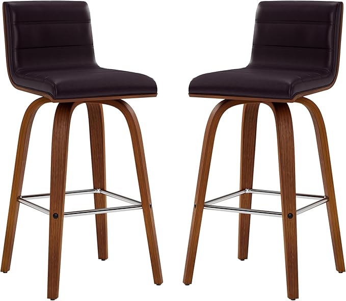 Armen Living Vienna 26" Swivel Counter Stool in Walnut Wood Finish with Brown Faux Leather - Set of 4