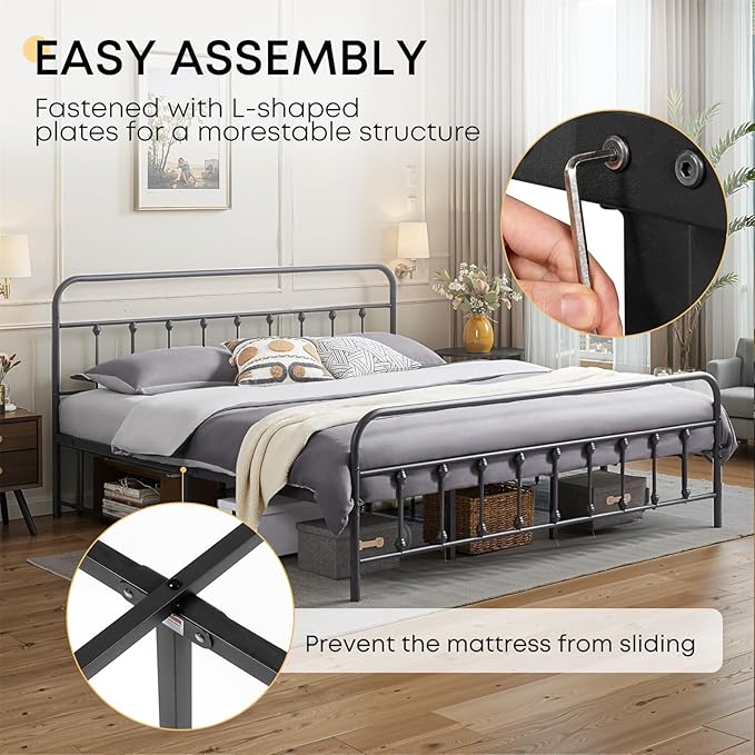 Queen Bed Frame-Classic Metal Platform Bed Frame Mattress Foundation with Victorian Style Iron-Art Headboard/Footboard/Storage Space/No Box Spring Needed/Black