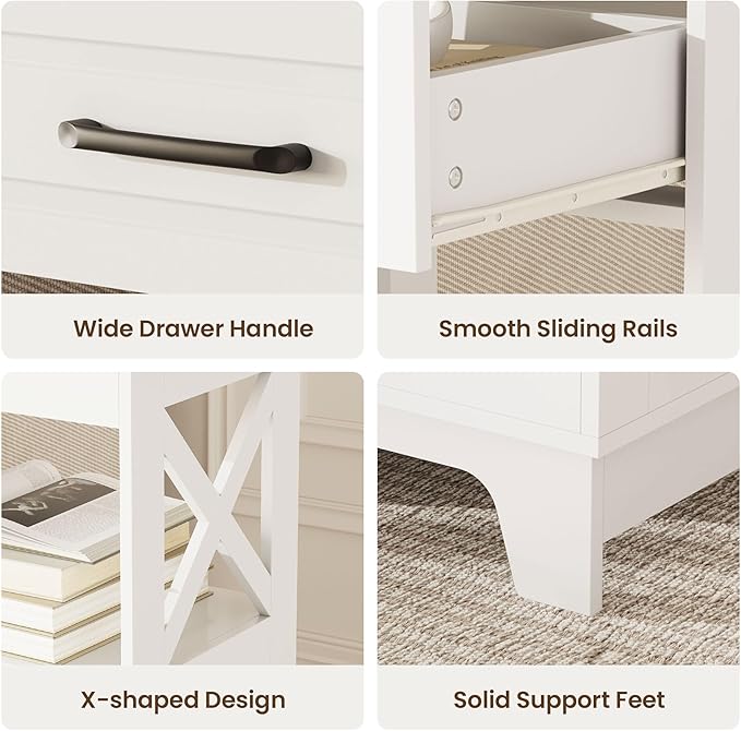 Tall Nightstand Set of 2 Side Table with 2 Drawers Modern Night Stand Wooden End Table Bedside Table with Below Open Shelf Solid Feet for Bedroom, Living Room, White