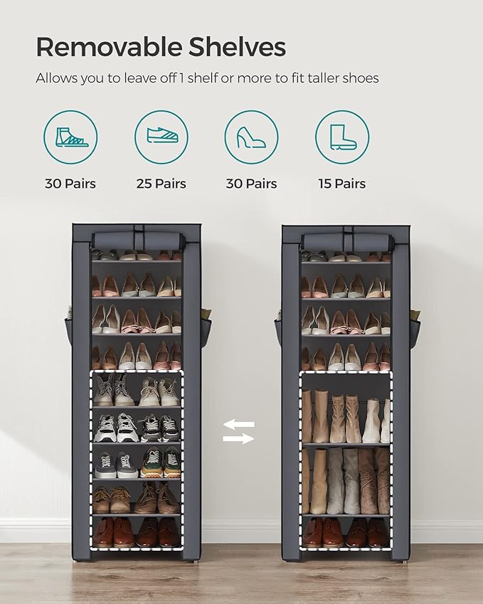 SONGMICS Shoe Rack with Non-Woven Fabric Cover, 9 Tier Storage Shelf for 27-35 Pairs of Shoes, Entryway, Suitable for Sneakers, High Heels, Flats, and Boots, Grey URXJ10G