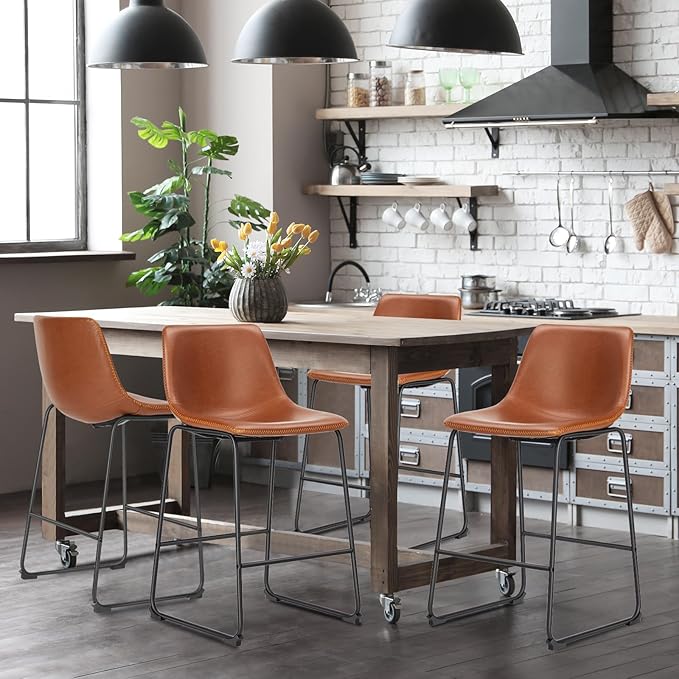 DUMOS 26 Inch Counter Height Bar Stools Set of 4, Modern Faux Leather High Barstools with Back and Metal Leg, Bar Chairs for Kitchen lsland, Brown