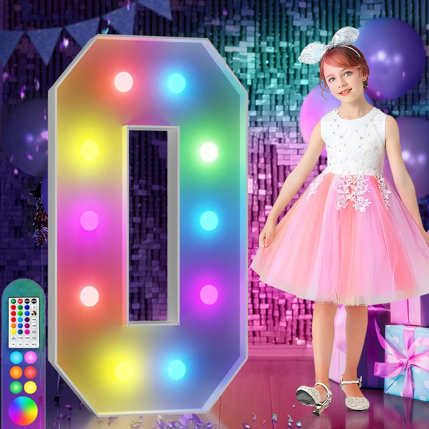 imprsv 4FT Colorful Marquee Numbers,18 Colors Number 0 with Remote, Light Up Numbers Sign for 50th Birthday Decorations Anniversary Party Decor, Pre-Cut Foam Board Kit, Mosaic Sign for Balloon