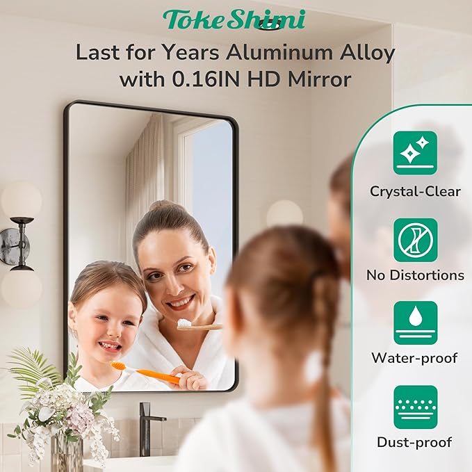TokeShimi 42x36 Black Bathroom Mirror for Over Sink,Aluminum Framed Vanity Mirror with Tempered Glass,Modern Wall Mirrors(Horizontal/Vertical)