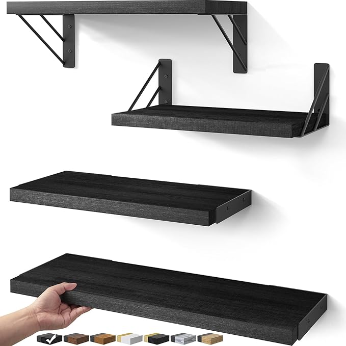 BAYKA Wall Shelves for Bedroom Decor, Floating Shelves for Wall Storage, Display Mounted Rustic Wood Shelf for Books,Plants,Corner Shelves for Bathroom,Kitchen,Living Room(Set of 4)