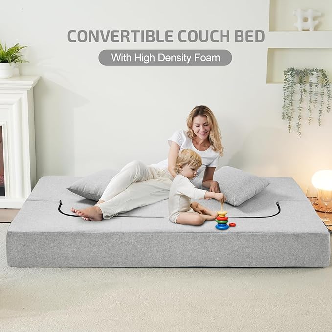2-in-1 Folding Sofa Bed with Pillows - Folding Chair Floor Couch & Sleeping Mattress - Washable Cover & Memory Foam Sleeper Chair for Living Room/Guest Room/Apartment/Loft, Light Gray, Twin XL