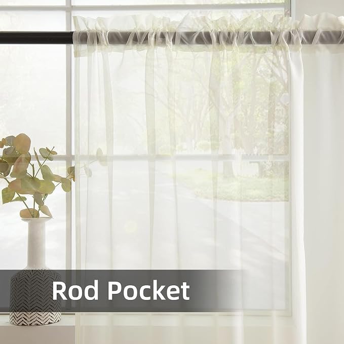 youleyar Solid Sheer Rod Pocket Curtain Voile Draperies 2 Panels White Beige - Image 2