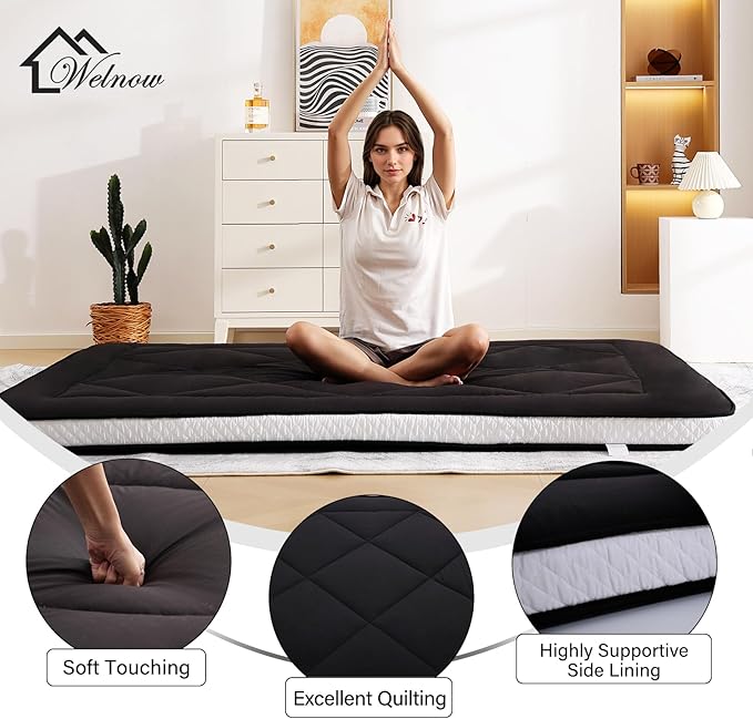 Welnow Japanese Futon Floor Mattress, Thick Twin Size Tatami Mat Portable & Foldable Roll Up Floor Bed Mattress with Storage Bag, Sleeping Pad for Adults, Dorm, Guest Bed, Camping and Travel, Black