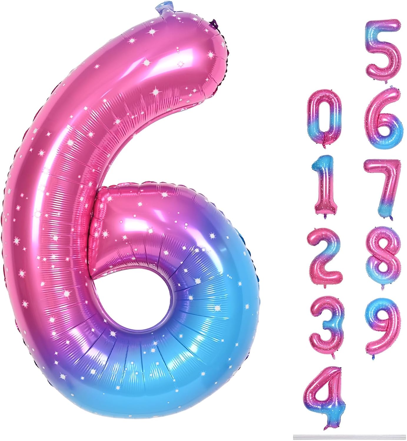 Gradient Blue Pink Number Balloons, 40" Large Rainbow Number 6 Foil Mylar Helium Balloons for Girls Women, Colorful Starry Self Inflating Number Balloons 0-9 for Birthday Party Celebration Decoration
