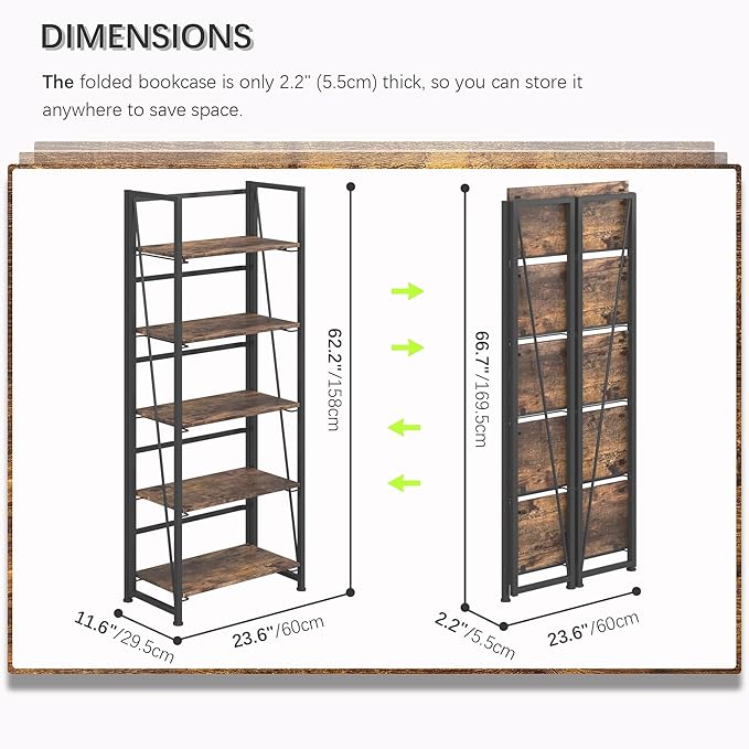 4NM No Assembly Folding Bookshelf, 5-Shelf 62.2" H Collapsible Foldable Bookcase Storage for Small Spaces, Rustic Brown and Black
