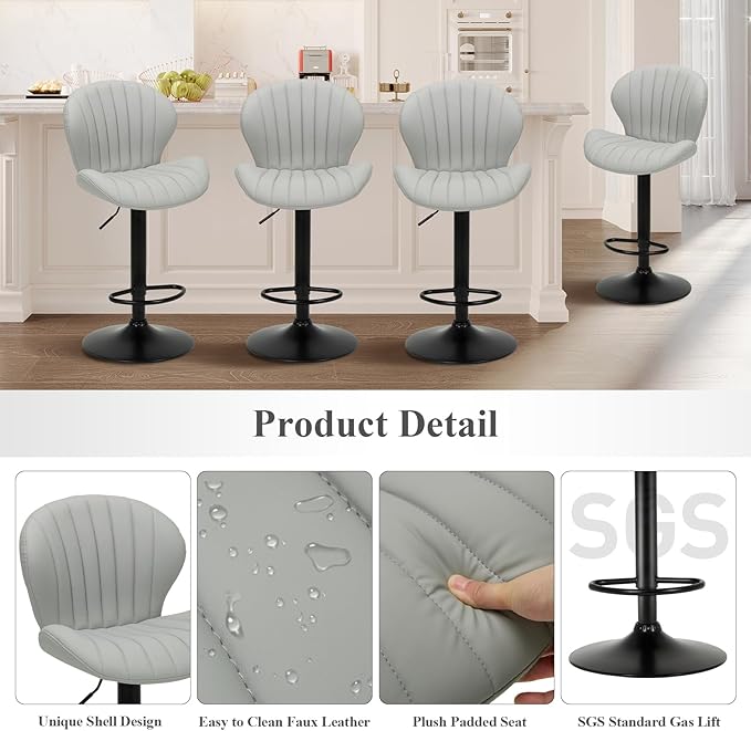 COLAMY Bar Stools Set of 6, Modern Swivel Bar Chairs, Adjustable Faux Leather Upholstered Barstools Counter Height with High Backrest for Bar, Kitchen Island, Dining Room, Grey