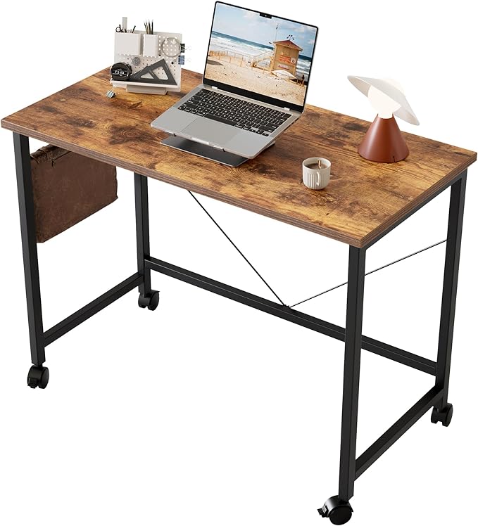 Rolling Computer Desk with Wheels, Gaming Desk for Small Spaces, Modern Simple Style Table for Home Office, Study Writing Table (Caster, Rustic Brown, 40 inch)