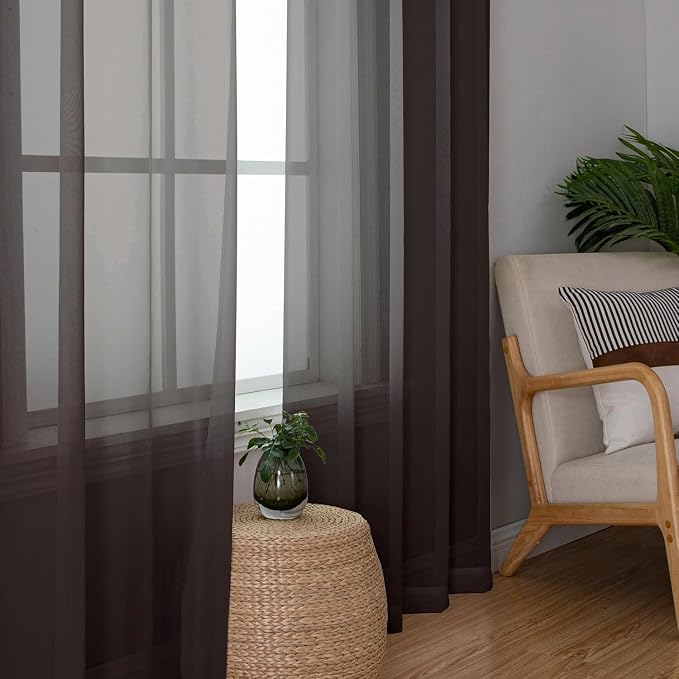 Aiyufeng Chocolate Sheer Curtains 45 Inches Long 2 Panels, Solid Voile Top Dual - Image 2