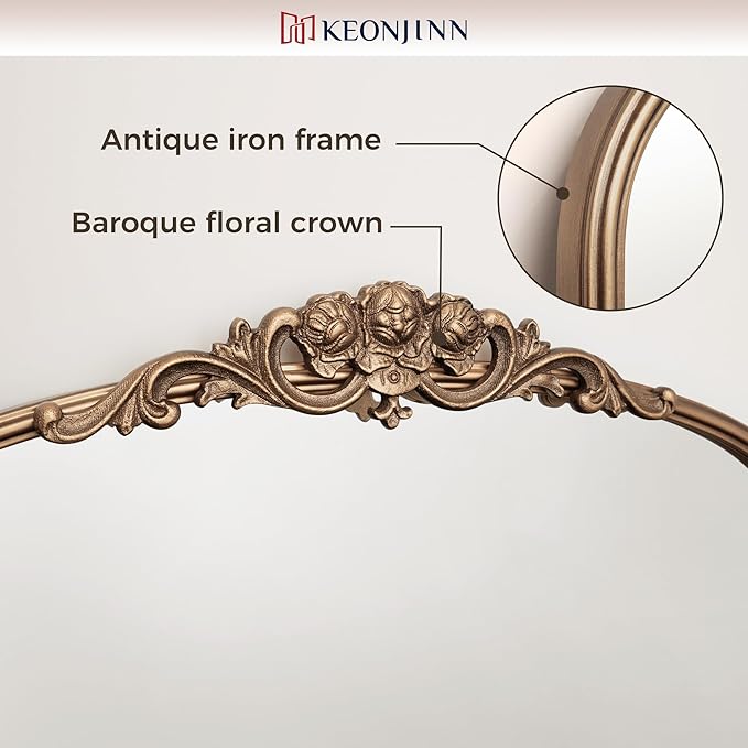 Keonjinn Arched Gold Wall Mirror, 48" x 22" Vintage Wall Mirror with Metal Frame, Traditional Brass Mirror, Decorative Baroque Mirror for Hallway, Fireplace, French Cleat Mounting