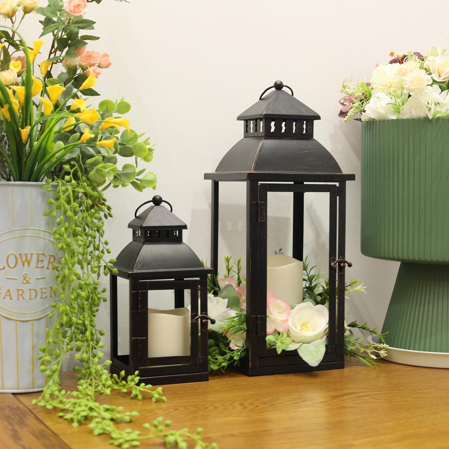 NEEDOMO LED Lanterns Decorative Outdoor&Indoor, Set of 2 Large Bronze Metal Lantern Decor with LED Candle, Lantern Decor for Porch, Patio, Garden, Balcony, Wedding, Spring Decorations (NO Glass)