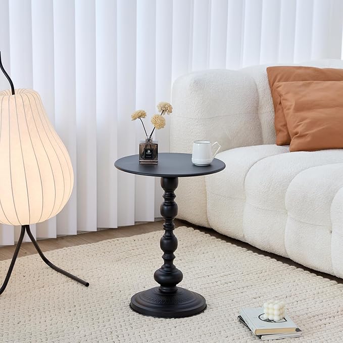 Chic Vintage Round Side Table with Elegant Roman Columns - Sturdy Metal Construction, Perfect for Coffee, End, Tea, or Leisure Use in Living Room or Bedroom Decor (Black 1 Pack)