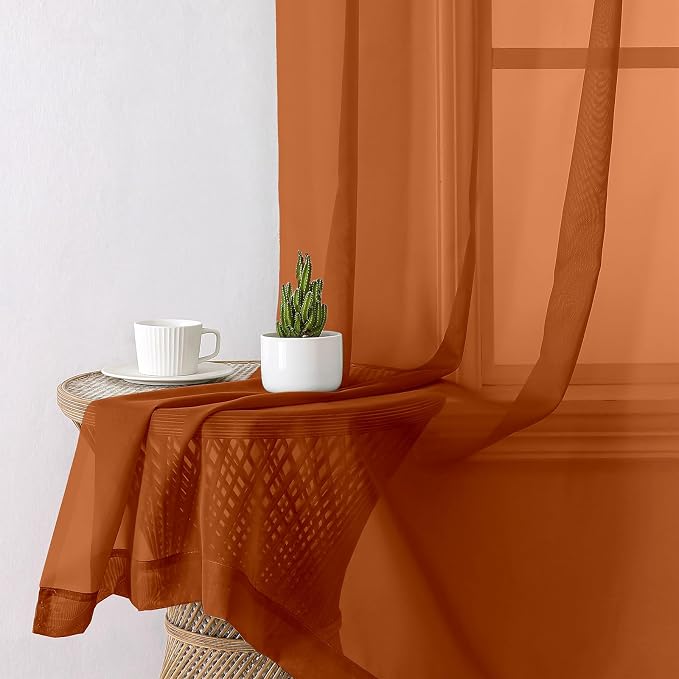 Lecloud Orange Sheer Curtains 90 Inches Long 2 Panels, Light Filtering Voile - Image 4