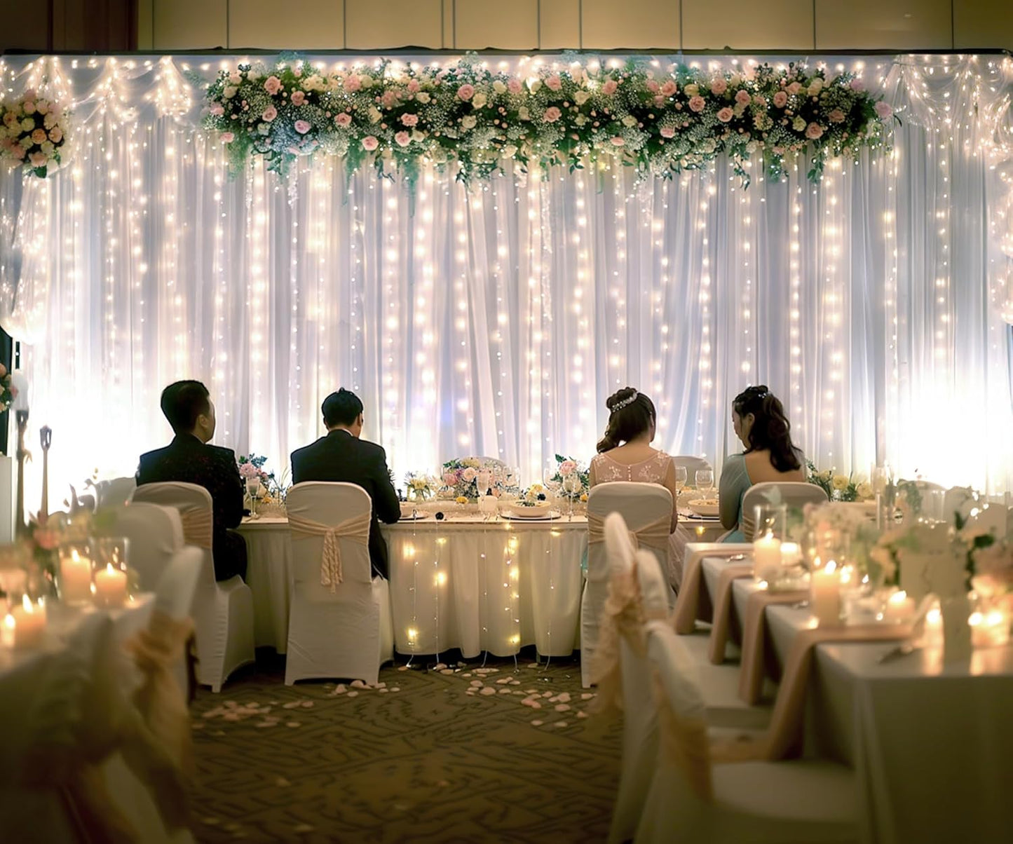 Suppromo White Tulle Backdrop Curtain with Lights String for Parites 20×8ft Sheer Curtains Wedding Baby Shower Birthday Party Photo Shoot Decorations(4 Panels 5ft×8ft)