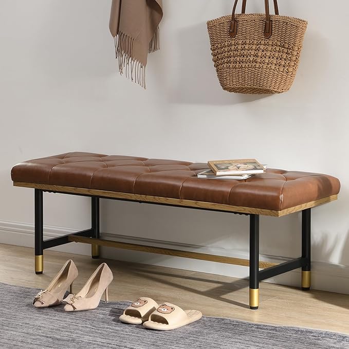 Modern Faux Leather Bench for Living Room and Bedroom, End of Bed Entryway Bench with Solid Metal Shelf, Padded Seat, Brown