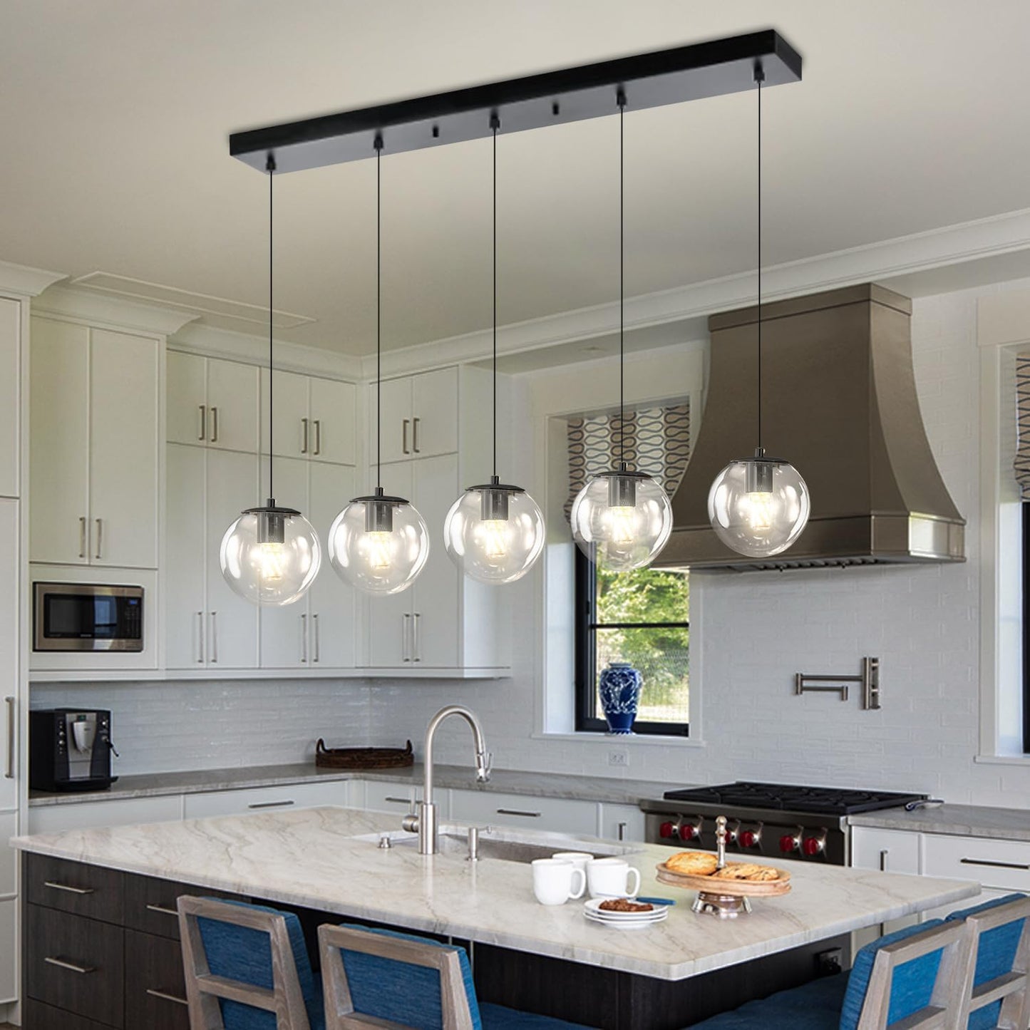 5-Lights Modern Rectangle Chandelier Globe Pendant Light,Black Linear Globe Chandeliers for Dining Room and Kitchen Island