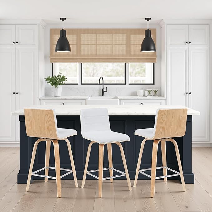 Vienna Modern Counter Height Swivel Bar Stool with White Faux Leather Seat and Patterned Oak Wood Frame Set of 2