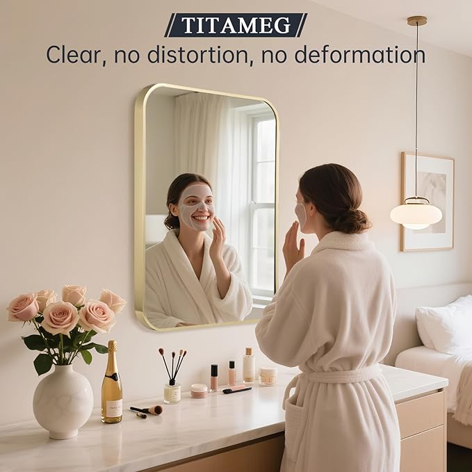 30x40 Inch Bathroom Mirror for Wall,Gold Framed Rectangle Mirror with Rounded Corner,Aluminum Alloy Framed Brushed Wall Mirror for Bedroom or Living Room,Vertical or Horizontal