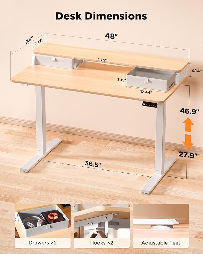 48x24 Inch Standing Desk with Double Drawers, C-Clamp Mount Compatible, Electric Adjustable Height Computer Stand Up Desks, Home Office Sit Stand Table with 3 Preset Heights & 2 Hooks, Natural