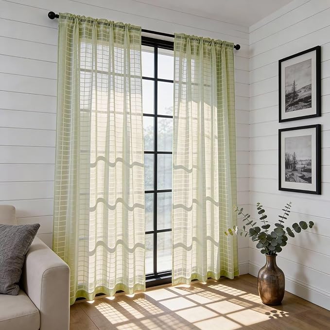 SpaceDresser Check Sheer Curtains 90 Inches 2 Panels Set, Rod Pocket Plaid - Image 4