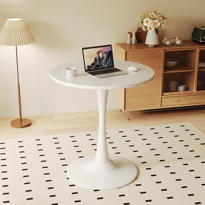 White Round Dining Table for 2 Person, 24 Inch Small Tulip Table with Pedestal for Living Room, Mid Century Modern Kitchen Tables for Office, Bistro, Pub, Bar, Wood Circle Cafe Tables,mesas de comedor