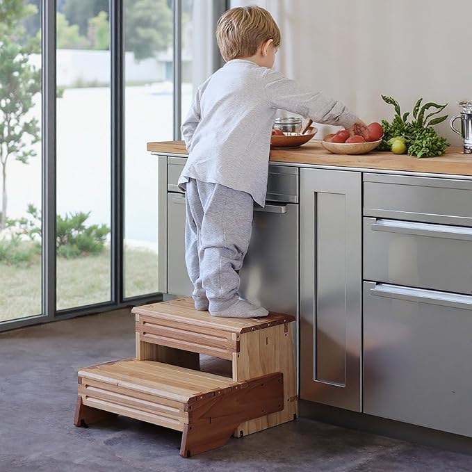 16" Wooden Two Step Stool for Adult & Kid, Wider, Deeper & Safer Bedside Steps, Anti-Slip. Riser 2-Step Spa & Hot Tub Stairs for Pool, Heavy Duty for Kitchen, Bathroom, Closet, High Bed Step