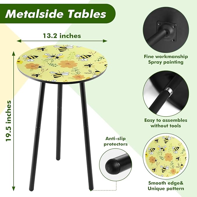 2 Packs Metal Mosaic Round Side Table 13.2" Small Outdoor Patio Round Accent Coffee Tables Indoor Corner Stand for Small Spaces Weather-Resistant for Balcony Plant Stand, Yellow Bee