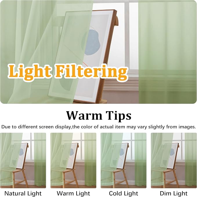 Gwine Light Green Sheer Kitchen Curtains 36 Inch Length, Light Filtering Voile - Image 5