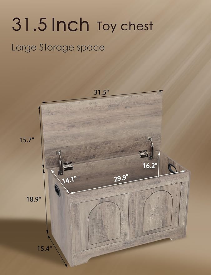 DINZI LVJ Storage Chest, 31.5”Wooden Storage Box with 2 Safety Hinges, Entryway Bench with Flip-Top, Sturdy Trunk for Living Room, Bedroom, Easy Assembly, Greige
