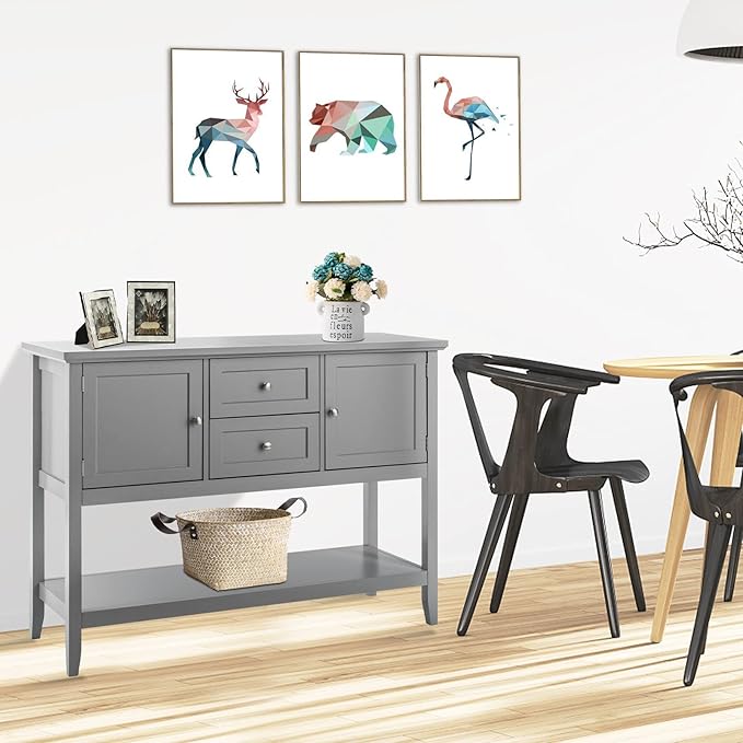 COSTWAY Buffet Sideboard, with 2 Wood Storage Drawers & Open Shelf, Console Table for Living Room Kitchen Dining Room Furniture (Grey)