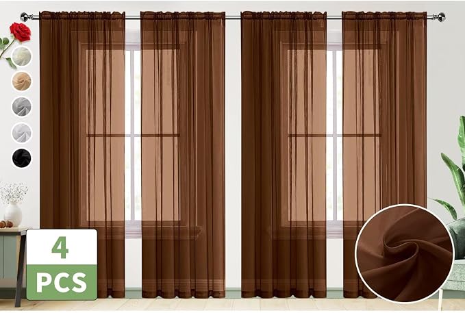 SpaceDresser Brown Sheer Curtains 4 Panels Rod Pocket Semi-Sheer Curtain 90 - Image 2