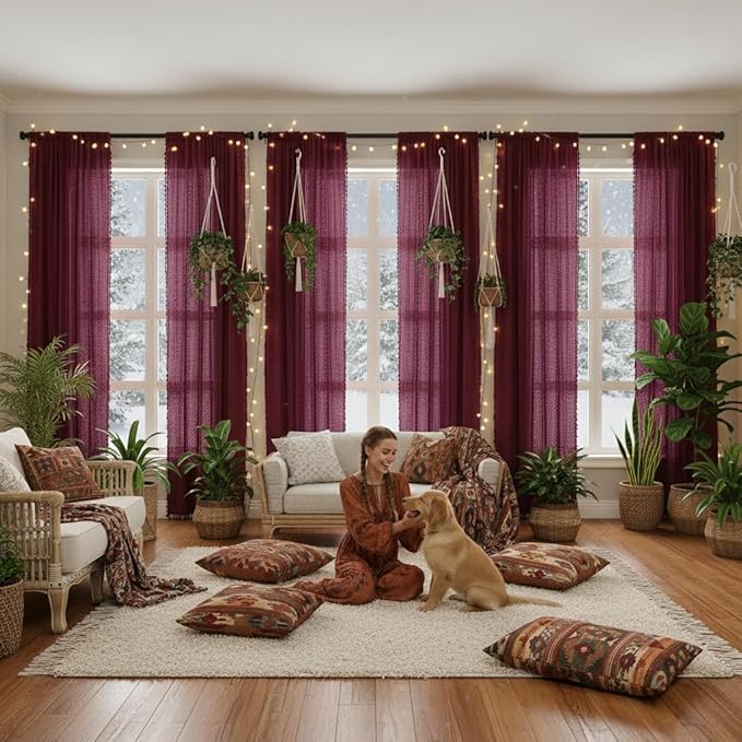 WAZZIO Boho Lace Curtains 84 Inches 2 Panel, Light Filtering Privacy Tassel & - Image 4