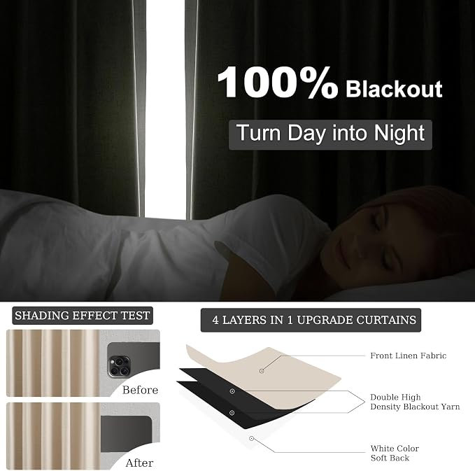 Topfinel Cream Linen Blackout Curtains 102 Inch Length 2 Panels Set - Image 6