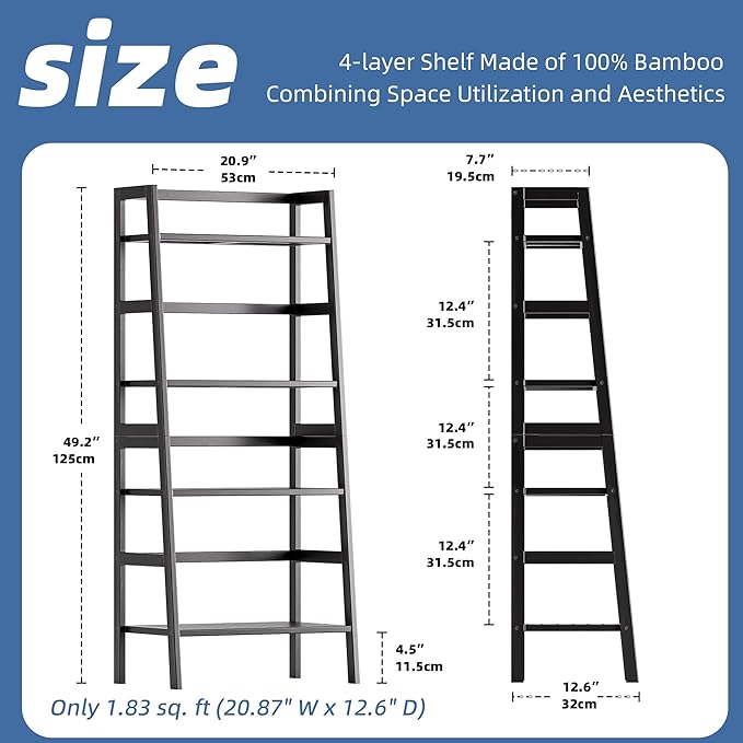 HITNET Black Bookshelf, 4-Tier Ladder Shelf, Freestanding Leaning Bookcase with Bamboo Shelves, Space Saving Flower Plant Stand for Small Space