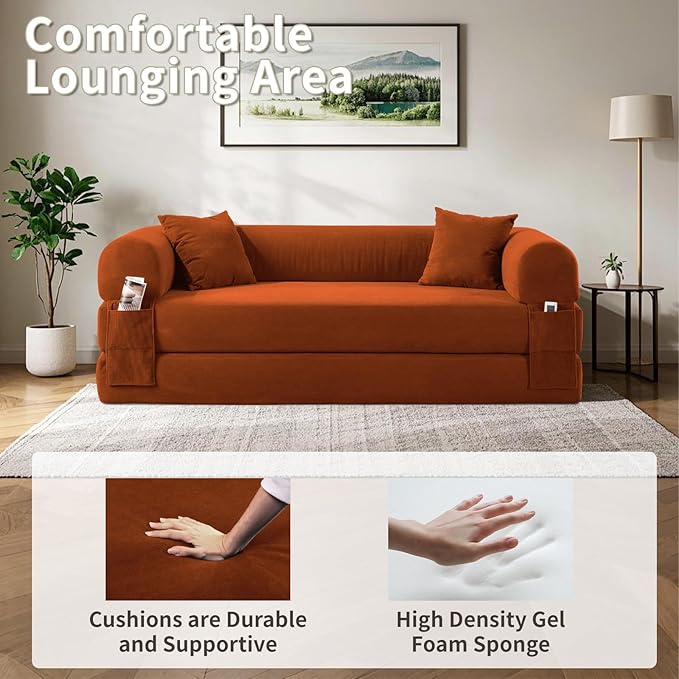 80" Convertible Sofa Bed, 3-in-1 Corduroy Folding Pull Out Couch with Pillows, No Assembly Modern Boneless Couch Compression Sofa in Box, Floor Sofa with Side Storage Pocket for Living Room, Orange
